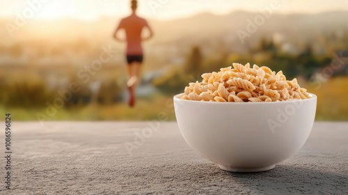 Person running on a scenic trail with a bowl of whole grain pasta in the background, symbolizing carbs fueling an active lifestyle, running and carbs, healthy energy concept