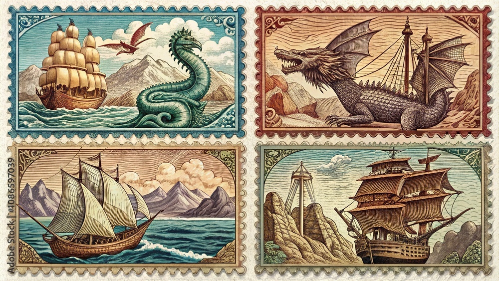 A nostalgic voyage: dragon ship and scenery in black and white. A nostalgic voyage: dragon ship and scenery in black and white.