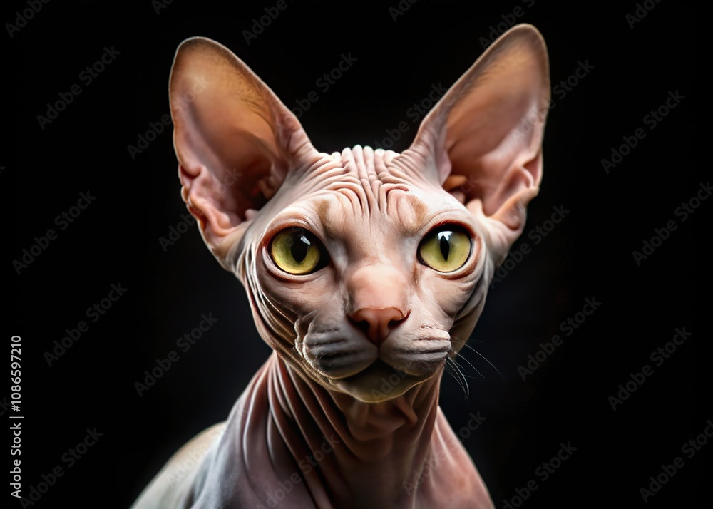 A panoramic portrait showcases a Sphynx cat's unique features against a stark black background. A panoramic portrait showcases a Sphynx cat's unique features against a stark black background.