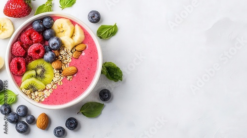 Top view of a colorful smoothie bowl with fruits, grains, and nuts, representing a carbohydraterich breakfast, smoothie bowl with grains, healthy carbs photo