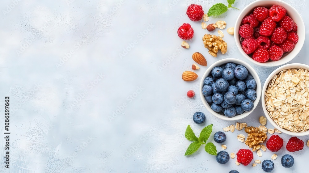 Vibrant breakfast spread with oatmeal, berries, and nuts, showcasing healthy carbohydrates for a balanced diet, breakfast spread, carbohydrates and health Vibrant breakfast spread with oatmeal, berries, and nuts, showcasing healthy carbohydrates for a balanced diet, breakfast spread, carbohydrates and health
