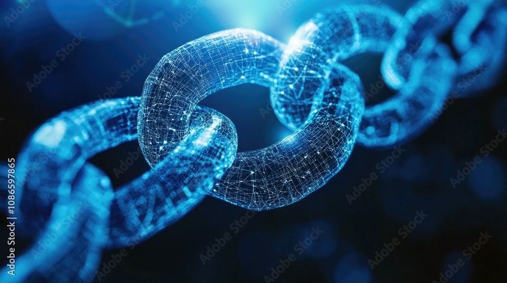 Digital Chain Representation Illustrating Blockchain Technology and Connectivity in a Futuristic Abstract Environment with Light Effects and Data Elements Digital Chain Representation Illustrating Blockchain Technology and Connectivity in a Futuristic Abstract Environment with Light Effects and Data Elements