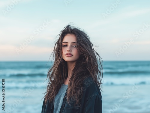 Confident Young Woman with Wavy Hair Posing on a Tranquil Beach