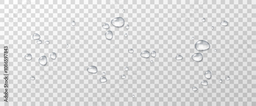 Realistic vector water drops png on a transparent light background. Water condensation on the surface with light reflection and realistic shadow. 3d vector illustration