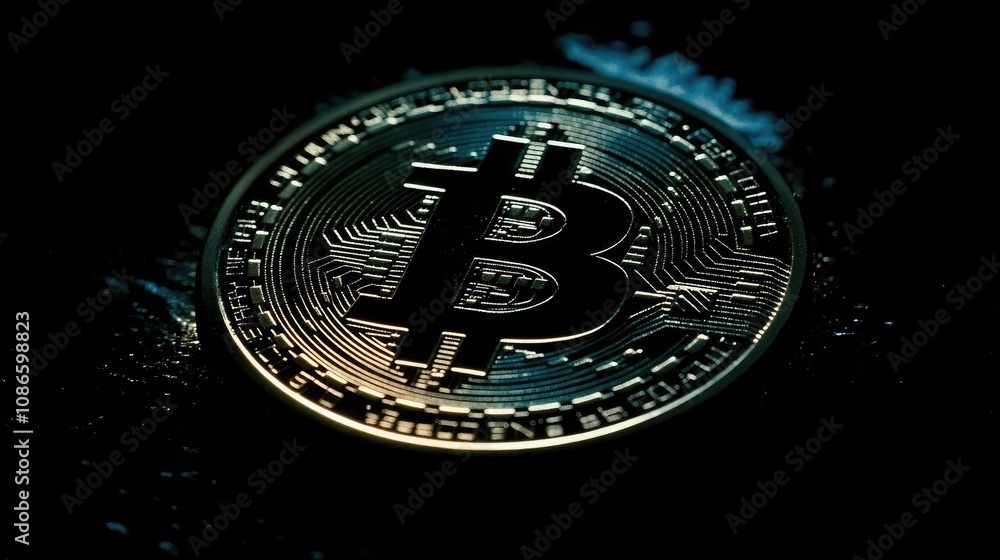 Close-Up View of a Bitcoin Coin on a Dark Background, Showcasing the Intricate Design and Shine of the Cryptocurrency Symbolizing Digital Wealth and Innovation. Close-Up View of a Bitcoin Coin on a Dark Background, Showcasing the Intricate Design and Shine of the Cryptocurrency Symbolizing Digital Wealth and Innovation.