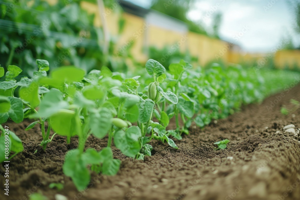 Green beans growing on a trellis in a vibrant garden setting for agricultural enthusiasts Green beans growing on a trellis in a vibrant garden setting for agricultural enthusiasts