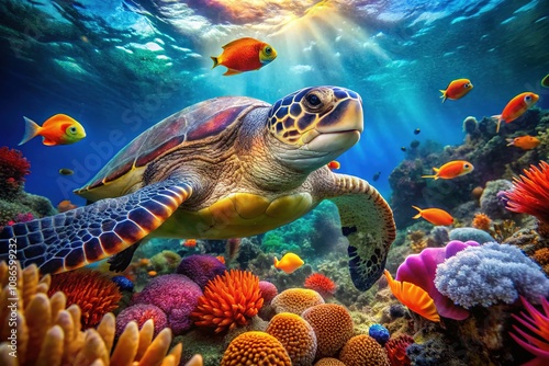 Fototapeta Naklejka Na Ścianę i Meble -  A turtle peacefully explores a dazzling coral reef adorned with shimmering fish.