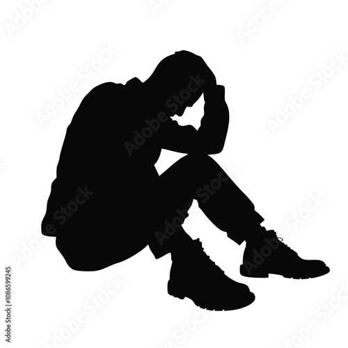 A man is sitting on the ground with his head in his hands. He is wearing a jacket and shoes
