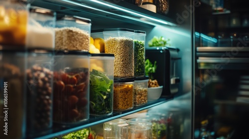 Organized Kitchen Fridge with Clear Containers Holding Fresh Produce, Grains, and Herbs for Healthy Meal Preparation and Efficient Food Storage