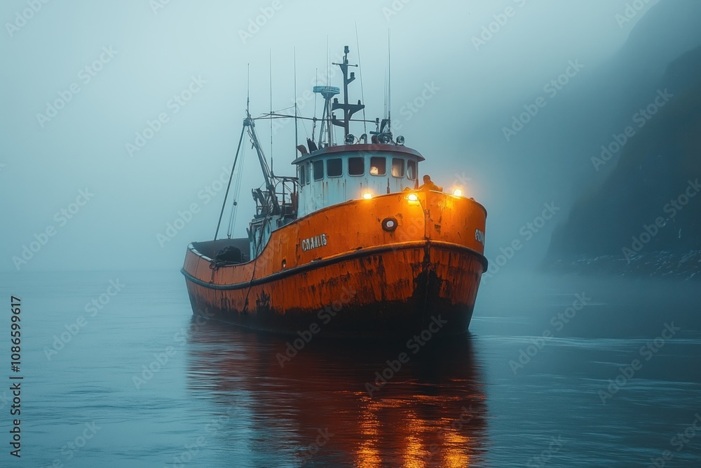 Fototapeta premium Fishing boat navigating foggy ocean with fishermen facing chaos
