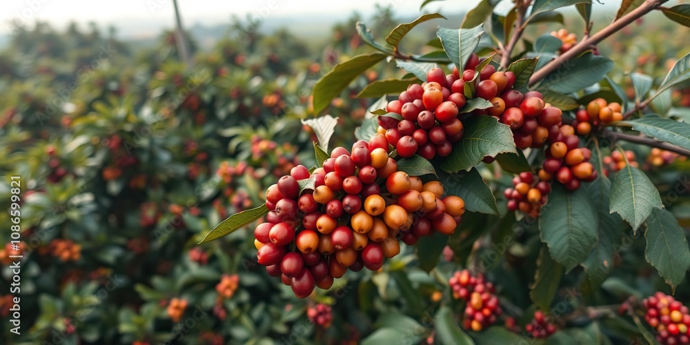 Obraz premium Aerial view of a coffee farm with clusters of ripe coffee cherries, rural charm, rolling hills