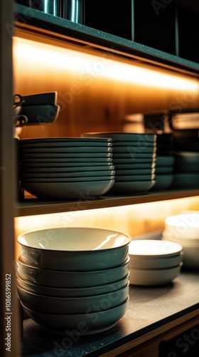 Modern Kitchen Shelves with Elegant Dishware Illuminated by Warm Light, Featuring Stacked Bowls and Plates for Stylish Dining Experience