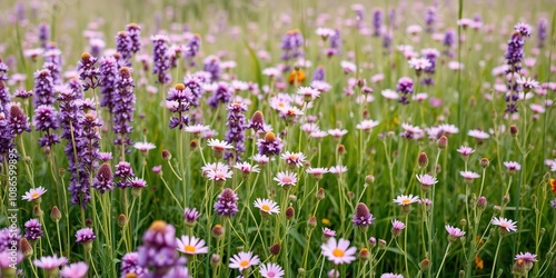 A field of purple and pink wildflowers in full bloom, seasonal display, floral arrangement