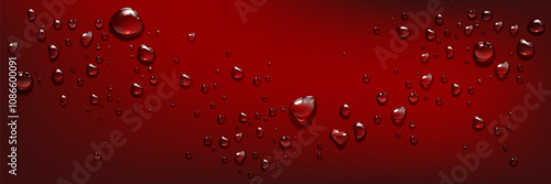 Clear droplets scattered on smooth maroon surface. Liquid beads reflect light creating glossy spherical shapes. Water formations of various size on deep red background. Realistic 3d vector banner.