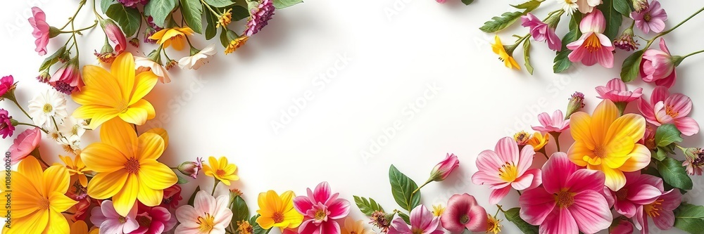 A lush flower border encircles a crisp white sheet of paper, flower frame, gentle curves, paper background A lush flower border encircles a crisp white sheet of paper, flower frame, gentle curves, paper background