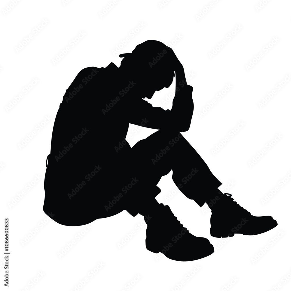 A woman is sitting on the ground with her head in her hands. She is wearing a black shirt and black pants A woman is sitting on the ground with her head in her hands. She is wearing a black shirt and black pants