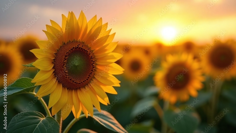 Obraz premium Sunflower field at sunset, close-up sunflower, yellow