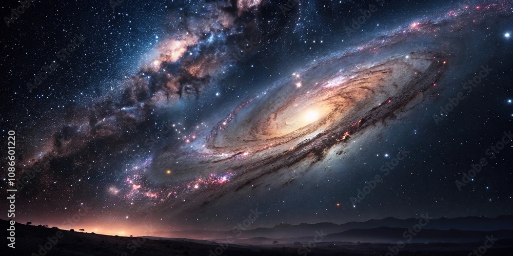 Obraz premium A serene galaxy landscape with shimmering stars, vibrant nebulae, and a majestic black hole at its center, astronomy, space, nuclear fusion