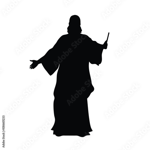 A man in a black robe holding a baton. He is standing in front of a white background