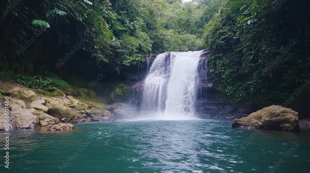 Fototapeta premium Lush green rainforest with a cascading waterfall and clear blue water.