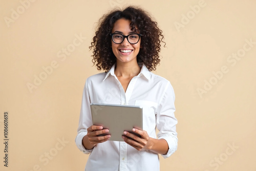 Wallpaper Mural Young woman beige background tablet white shirt glasses friendly Torontodigital.ca