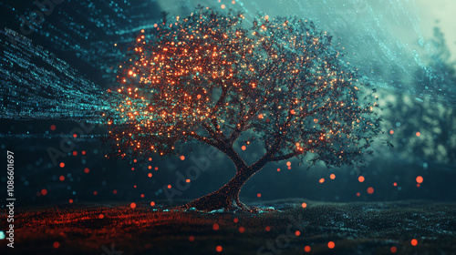 Abstract digital tree with glowing data streams flowing through its branches, symbolizing the growth of knowledge in the digital age. 