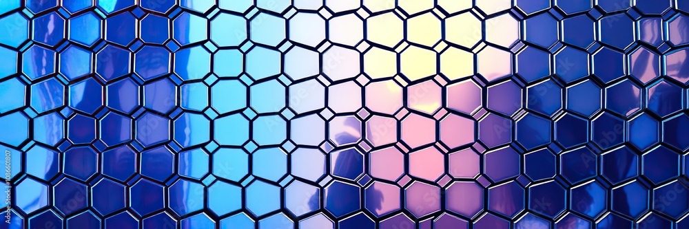 A striking blue hexagonal pattern is set against a mirrored finish, reflecting the surrounding environment in a kaleidoscope of colors and textures, abstract pattern, modern art, urban style