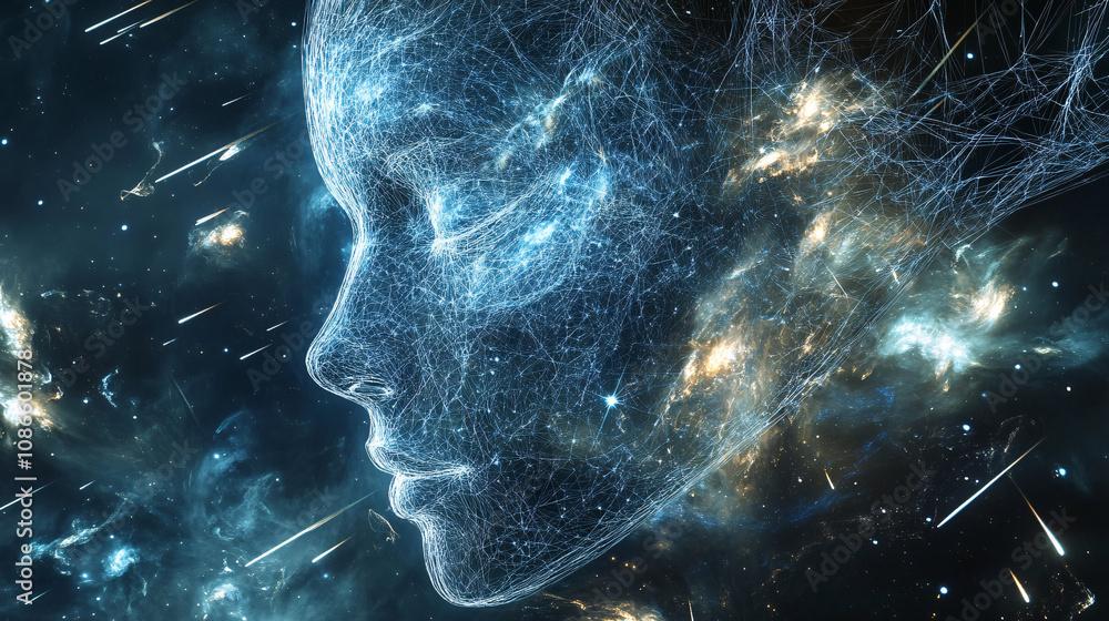 Abstract face made of glowing wireframes, surrounded by swirling galaxies and shooting stars, representing the universe within. Abstract face made of glowing wireframes, surrounded by swirling galaxies and shooting stars, representing the universe within.