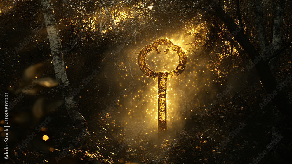 Obraz premium Abstract golden key floating in a misty forest, light pouring from it and casting intricate patterns on the trees. 