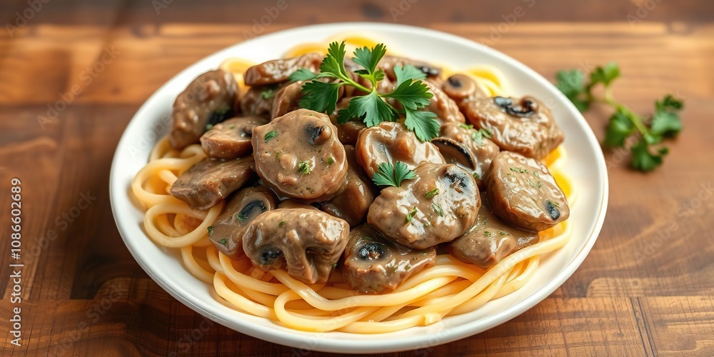 Beef strips cooked in a creamy mushroom sauce served over egg noodles and garnished with fresh parsley, savory, cream sauce Beef strips cooked in a creamy mushroom sauce served over egg noodles and garnished with fresh parsley, savory, cream sauce