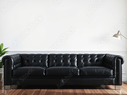 Black leather sofa in a formal living room setting, comfortable couch, formal living room, ambient lighting photo