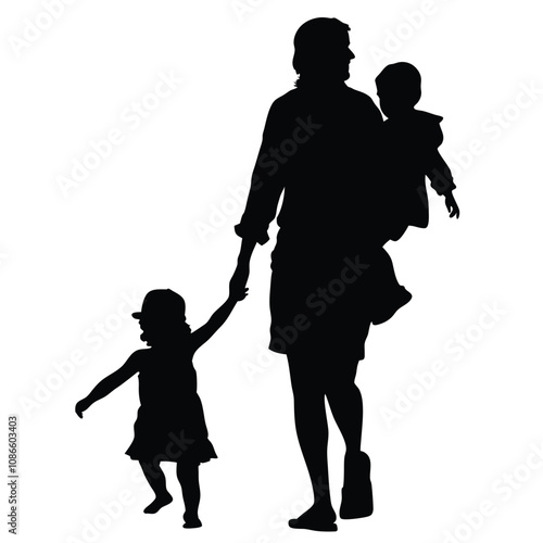 A woman is holding her two children. One child is holding the other child's hand. The woman is wearing a dress