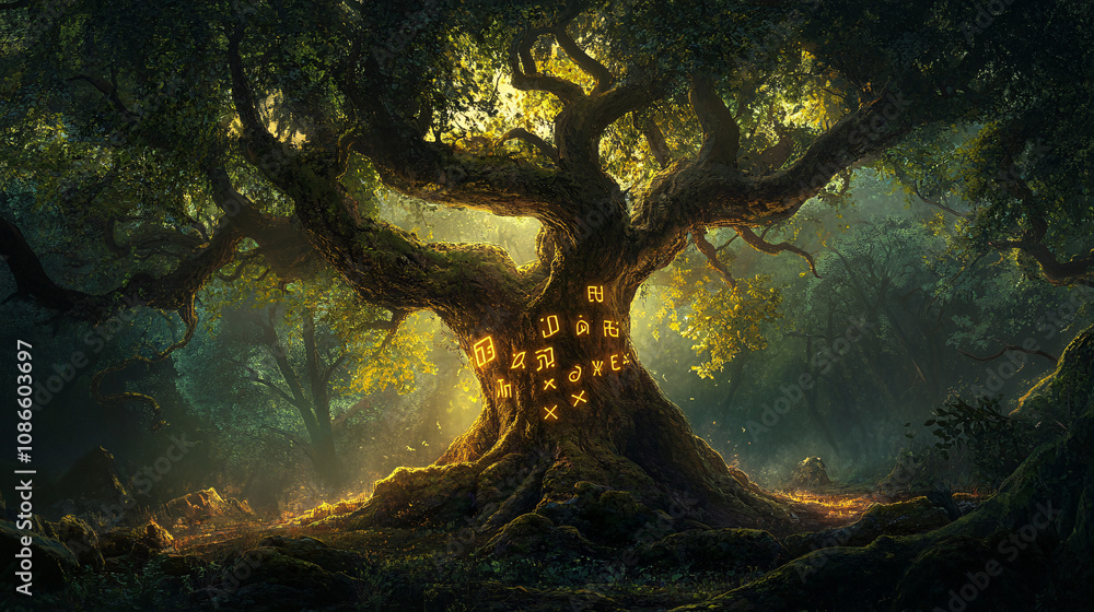 An ancient tree with glowing runes on its bark, deep in an enchanted forest, symbolizing knowledge and wisdom passed down through nature. An ancient tree with glowing runes on its bark, deep in an enchanted forest, symbolizing knowledge and wisdom passed down through nature.