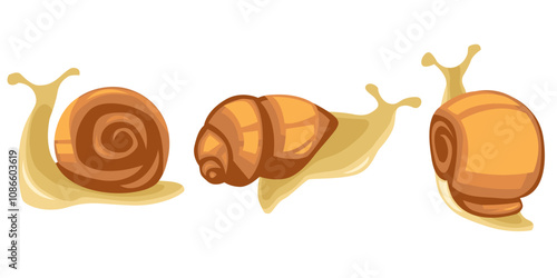 Snail set. Collection of colorful Escargot in a flat vector. Illustration for cosmetics with snail mucin. Small Slow animals in shell cartoon vector style.