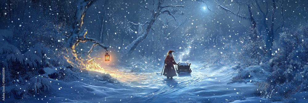 An Elf Leading a Sleigh Through a Winter Wonderland, the Lantern in His Hand Casting Light on a Path of Snow An Elf Leading a Sleigh Through a Winter Wonderland, the Lantern in His Hand Casting Light on a Path of Snow