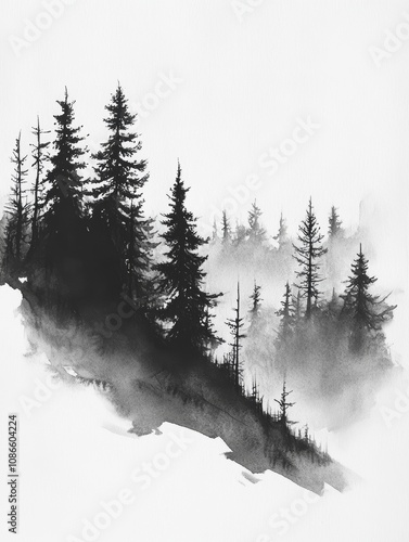 Misty Forest Landscape with Pine Trees on Watercolor Paper, Ideal for Nature and Serenity Concepts Generative AI