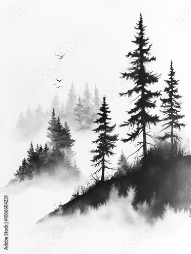 Misty Forest Landscape with Pine Trees on Watercolor Paper, Ideal for Nature and Serenity Concepts Generative AI