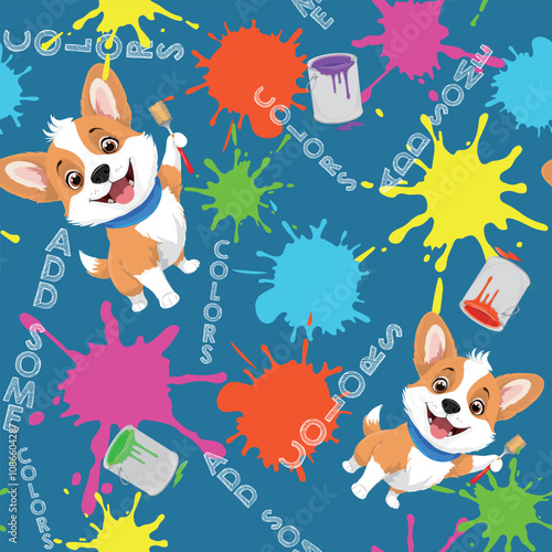 Seamless pattern, Kawaii illustration, Cute Corgi puppy with brush and paint on splash background