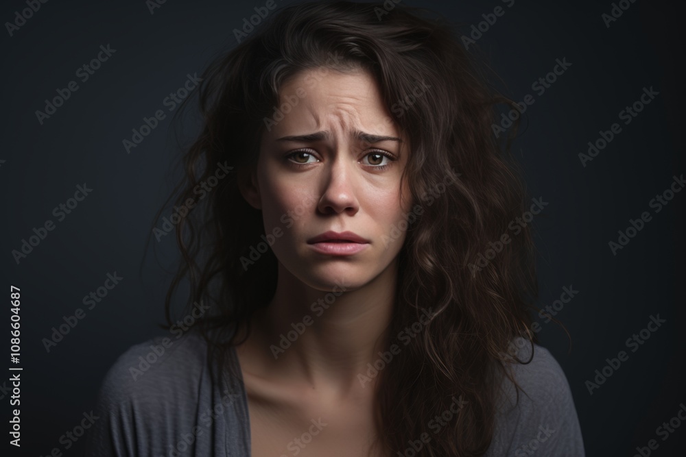 Closeup upset young woman looking at camera on grey background. Portrait of stressed lady posing in studio. Unhappy girl crying indoors. Young female feeling sad emotions, bulling, domestic violence Closeup upset young woman looking at camera on grey background. Portrait of stressed lady posing in studio. Unhappy girl crying indoors. Young female feeling sad emotions, bulling, domestic violence