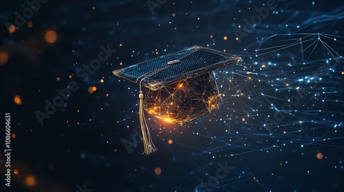 Digital wireframe illustration of a graduation cap representing education and achievement