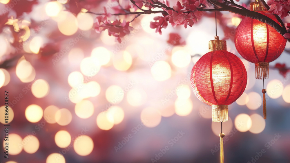 Beautiful red lanterns hang among cherry blossoms, celebrating joy Beautiful red lanterns hang among cherry blossoms, celebrating joy