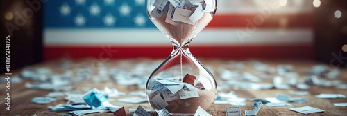 An hourglass filled with torn voting ballots instead of sand, counting down to a critical political moment 
