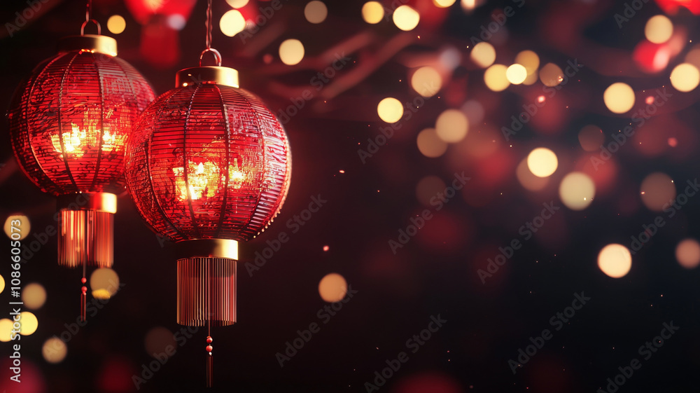 Red lanterns glowing softly, creating festive atmosphere with bokeh lights Red lanterns glowing softly, creating festive atmosphere with bokeh lights