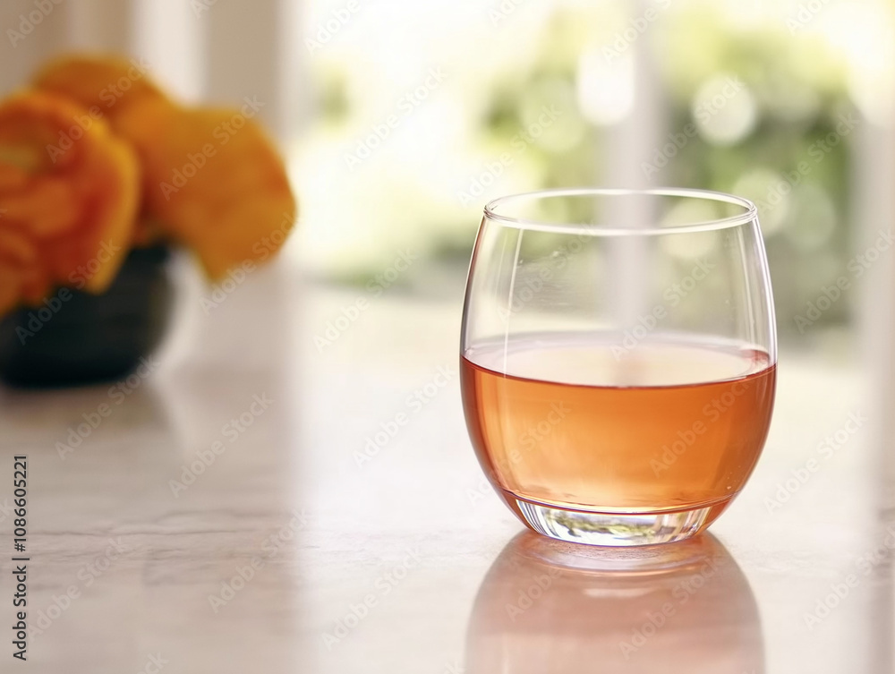 Enjoying a refreshing drink in a sunlit room with cheerful flowers in the background. Generative AI Enjoying a refreshing drink in a sunlit room with cheerful flowers in the background. Generative AI