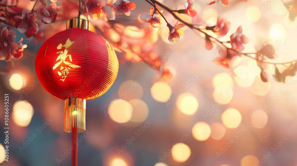 Red lantern with Chinese characters, surrounded by cherry blossoms, festive atmosphere Red lantern with Chinese characters, surrounded by cherry blossoms, festive atmosphere