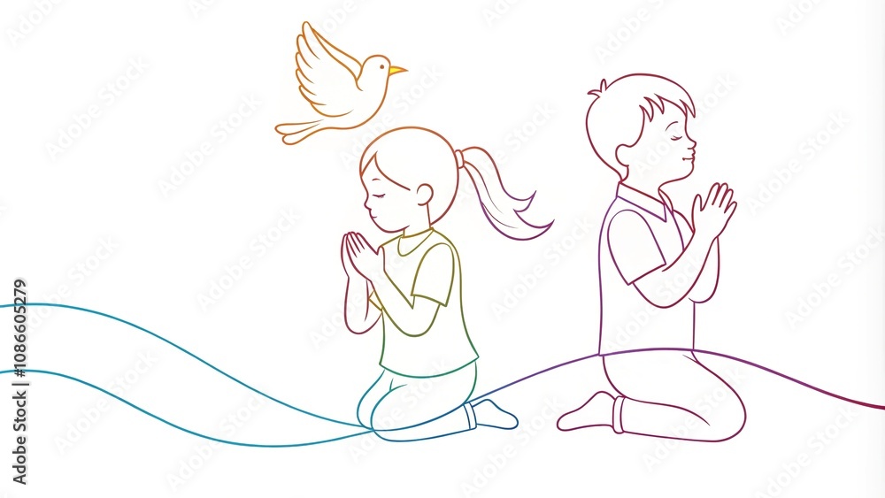 Continuous line art captures the innocence of children in prayer, a meaningful visual for religious teaching. Continuous line art captures the innocence of children in prayer, a meaningful visual for religious teaching.