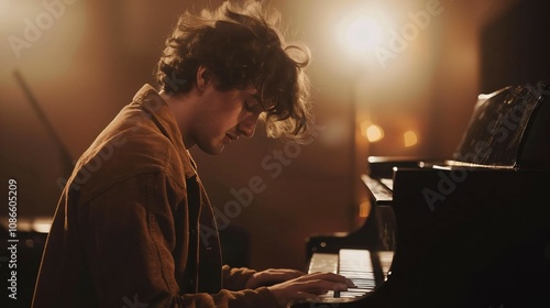Musician playing grand piano, eyes closed, deeply immersed in emotional sounds, soft lighting enhancing the keys, capturing the essence of musical passion and artistic expression.