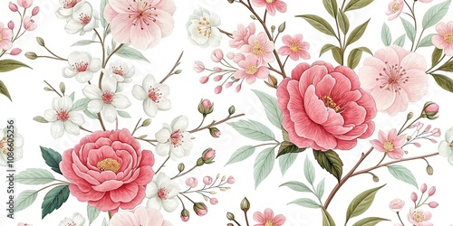 Wallpaper Mural Delicate floral pattern featuring cherry blossoms peonies and garden roses, romantic aesthetic, delicate design, elegant wedding Torontodigital.ca