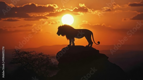 Majestic lion silhouette standing on a rock against a vibrant sunset sky. photo