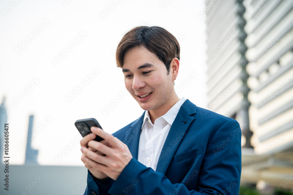 Asian young businessman chatting on smartphone while walk in the city. Asian young businessman chatting on smartphone while walk in the city.